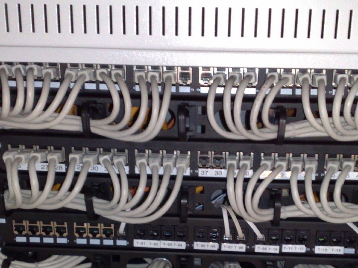 Panneaux de brassage réseau et faisceaux de câbles gris rangés dans une baie informatique