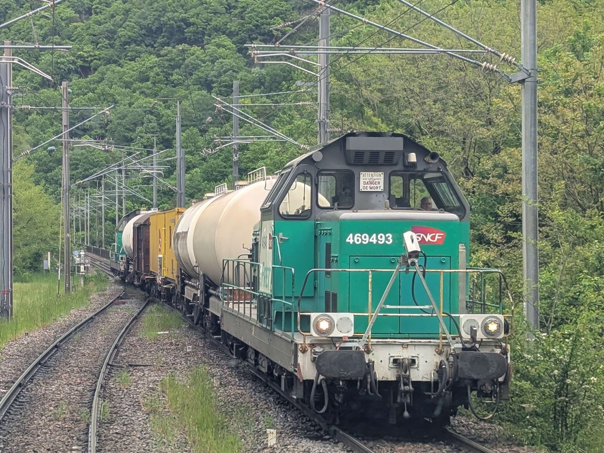 Locomotive diesel verte et blanche numérotée 469493 en tête d’un train de wagons-citernes, sur une voie électrifiée bordée de collines boisées
