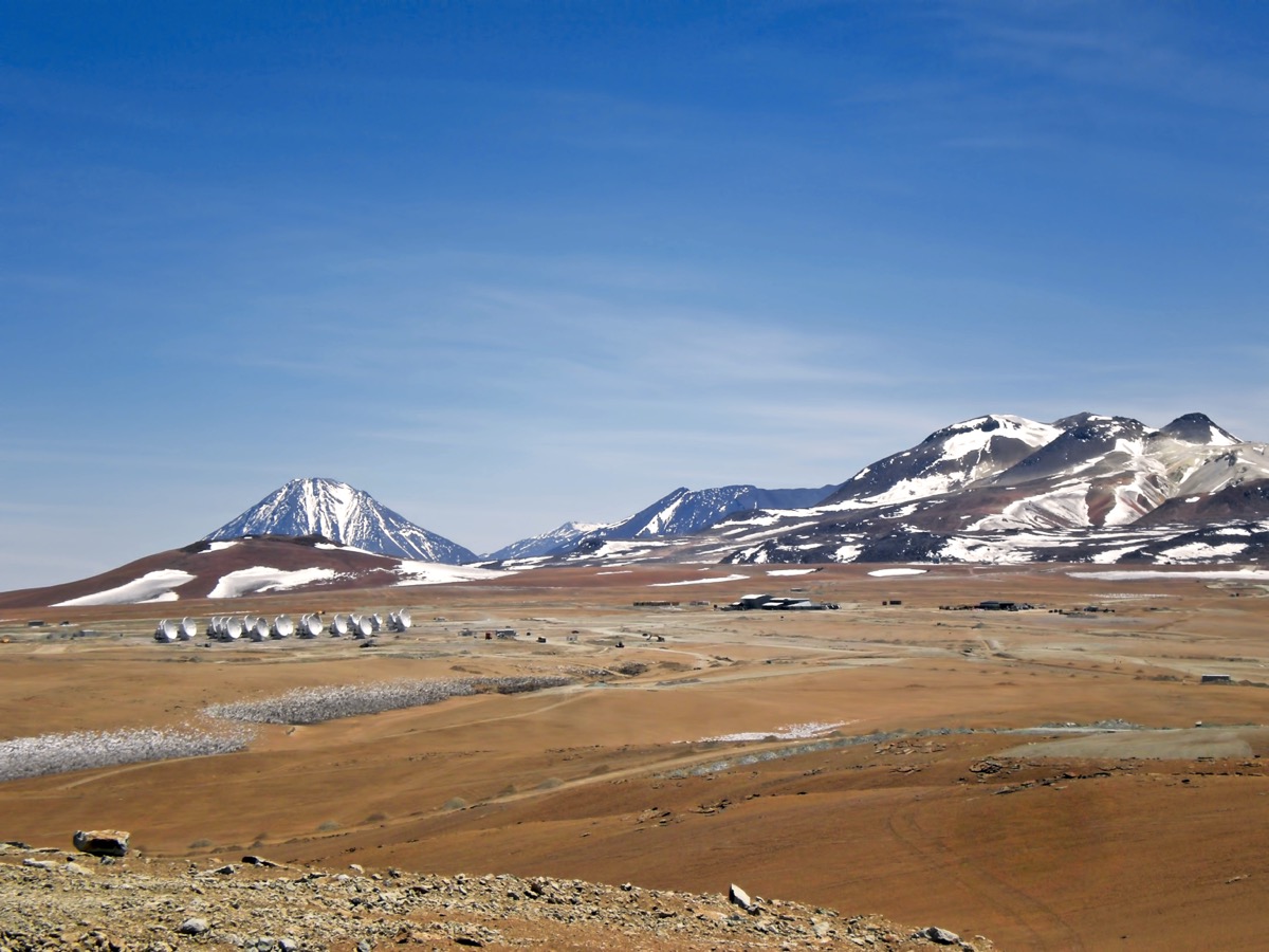 Vue large du plateau de Chajnantor, antennes d'ALMA alignées au loin devant des sommets enneigés