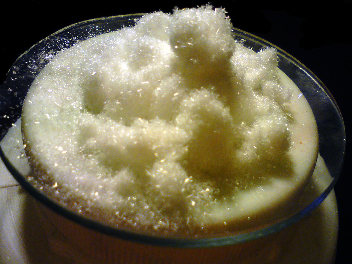 Amas de cristaux blancs d'acide salicylique dans un verre de montre posé sur un plan de travail