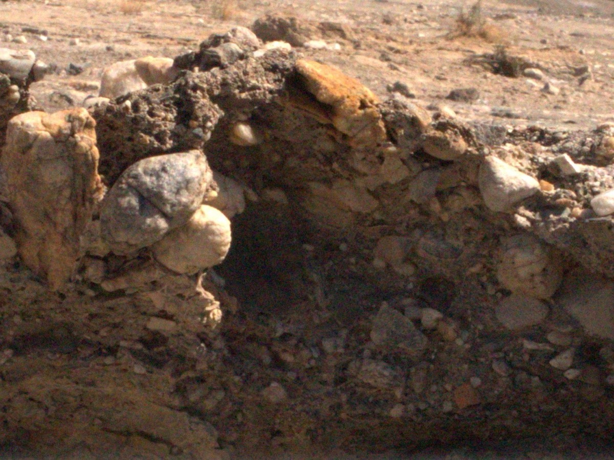 Gros plan sur un front de terrain rocheux composé de fragments de pierres de tailles différentes prises dans une matrice fine