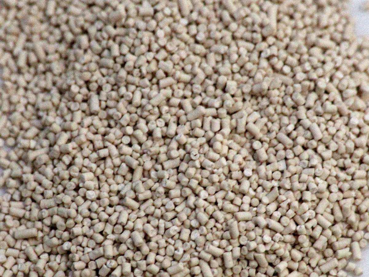 Tas de granulés beiges de levure sèche posés sur une surface claire