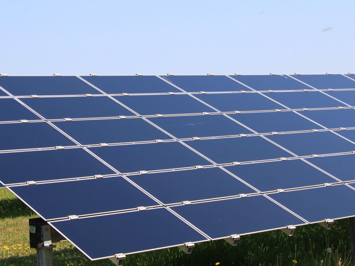 Rangée de panneaux photovoltaïques inclinés vers le ciel dans un champ, au parc solaire de Massangis