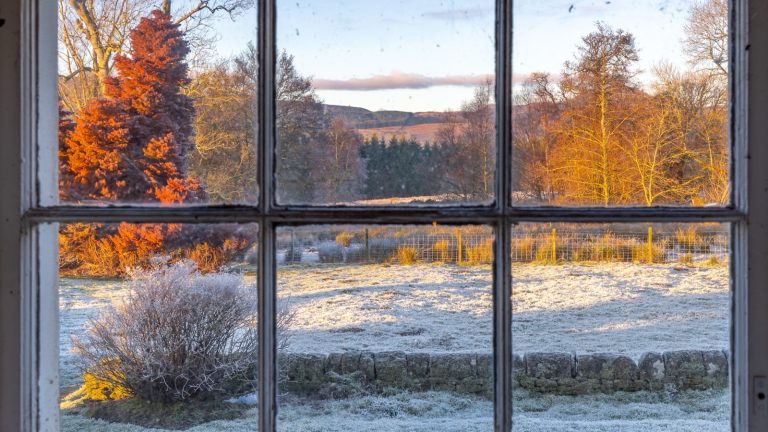 Vue depuis l'intérieur à travers une fenêtre à petits carreaux sur une prairie couverte de givre en fin de journée