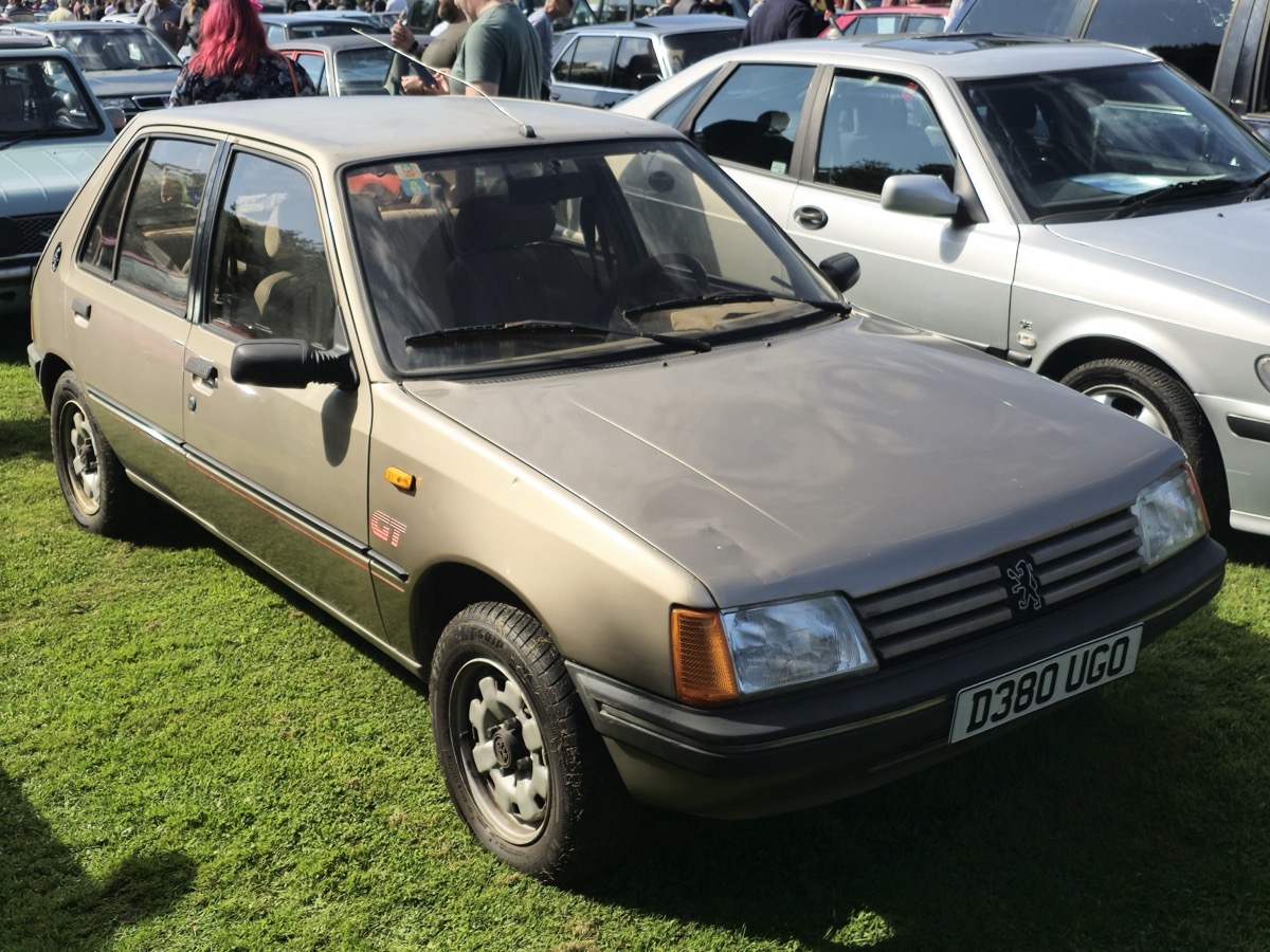 Peugeot 205 cinq portes de teinte beige, garée sur l'herbe au milieu d'autres voitures