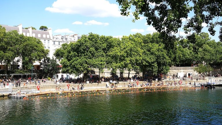 Baigneurs au site de baignade du Bras Marie, sur la Seine à Paris, en juillet 2025