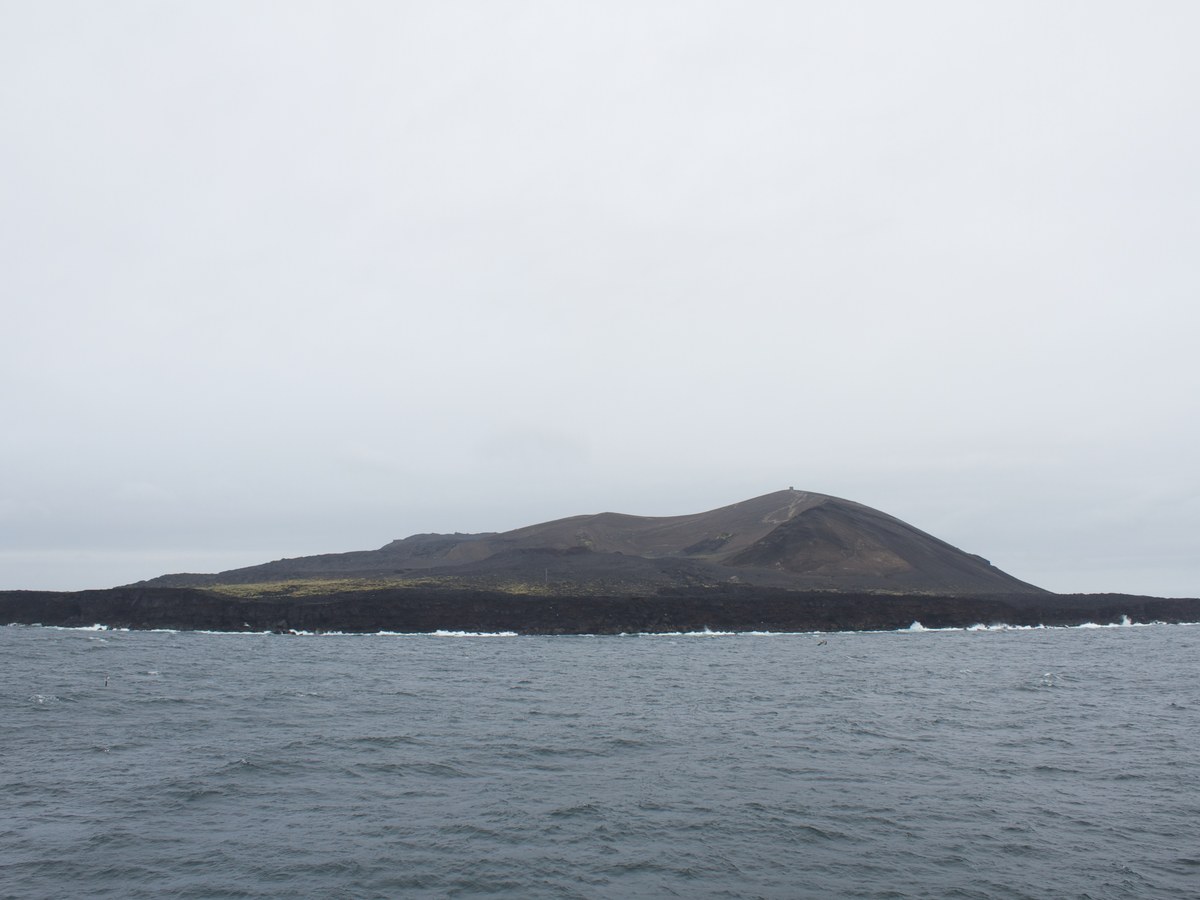 L'île de Surtsey vue depuis la mer, avec ses falaises de lave et son cône volcanique